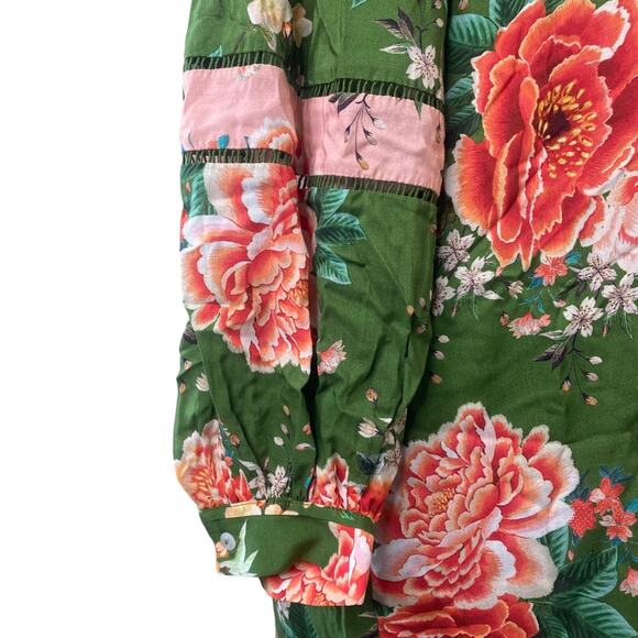 Farm Rio Anthropologie Elinor Tunic Dress Ruffles Long Sleeves Green Pink SMALL - Picture 10 of 14